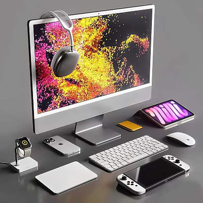 Modern Laptop Workspace Setup With Monitor Headphones Smartphone Smartwatch Keyboard And Mouse 3d model