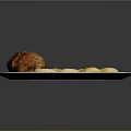 Roasted Pork Roll With Potato Dumplings In Red Sauce On White Plate With Purple Pattern