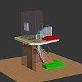 Modern Architectural Model Structure With Wooden Staircase Railing Red Mat And Green Block
