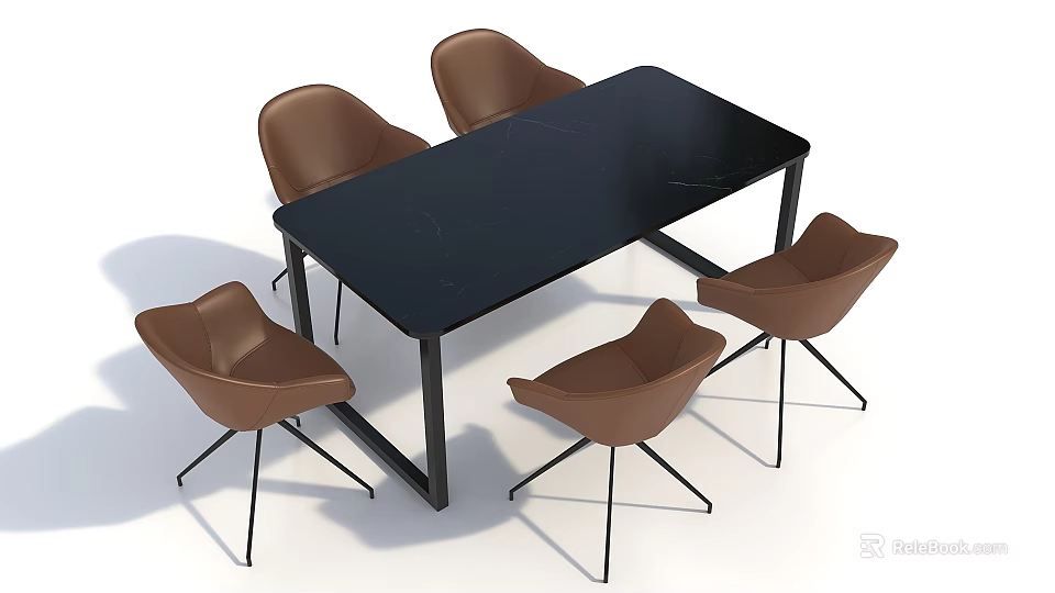 Modern Exhibition Table and Chairs with Black Rectangular Tabletop Brown Seats and Metal Frame 3d model 