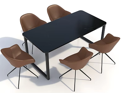 Modern Exhibition Table and Chairs with Black Rectangular Tabletop Brown Seats and Metal Frame 3d model