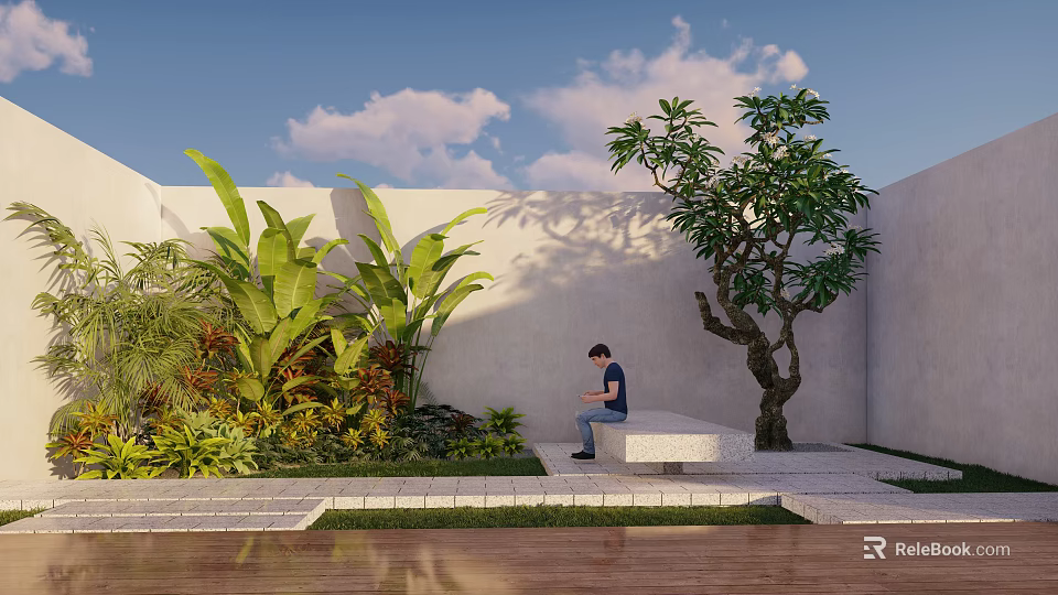 Lush Shrubs in Modern Garden with Bench Tropical Plants and White Wall 3d model 