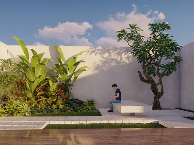 Lush Shrubs in Modern Garden with Bench Tropical Plants and White Wall 3d model