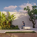 Lush Shrubs in Modern Garden with Bench Tropical Plants and White Wall
