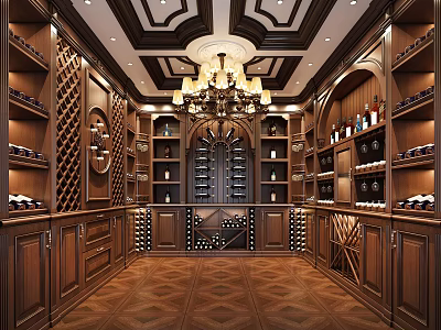Elegant Wine Cellar Interior Design With Wooden Racks Chandelier And Herringbone Floor 3d model