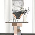 Modern Minimalist Console Table Design With Vase Twigs Artwork And Striped Wall Decor 3d model