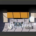Architectural Exhibition Space Model With Yellow Main Structure And Interior Display Layout