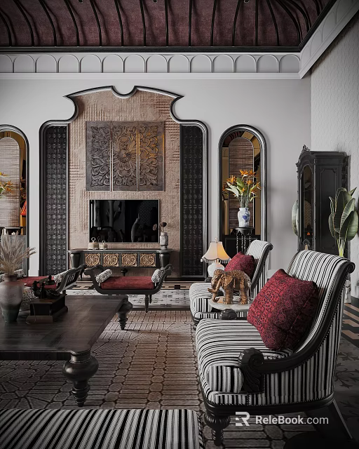 Vintage Luxury Living And Dining Room With Exquisite Carved Fireplace And Elegant Comfortable Furnishings 3d model 