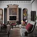 Vintage Luxury Living And Dining Room With Exquisite Carved Fireplace And Elegant Comfortable Furnishings