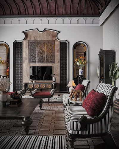 Vintage Luxury Living And Dining Room With Exquisite Carved Fireplace And Elegant Comfortable Furnishings 3d model