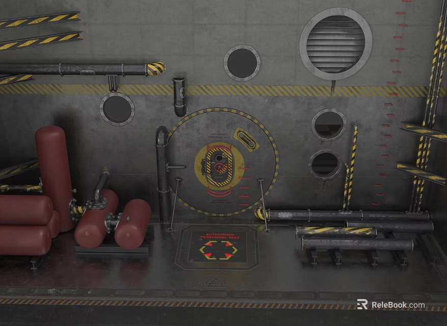 Industrial Pipes On Metal Surface With Warning Stripes Circular Holes And Red Cylinders 3d model 