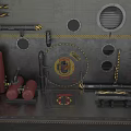 Industrial Pipes On Metal Surface With Warning Stripes Circular Holes And Red Cylinders