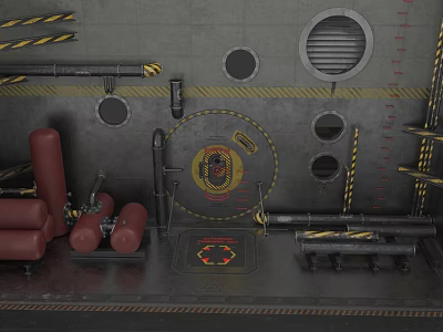 Industrial Pipes On Metal Surface With Warning Stripes Circular Holes And Red Cylinders 3d model