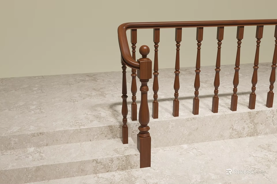 Classic Wooden Staircase Railing With Balusters And Handrail On Marble Steps 3d model 