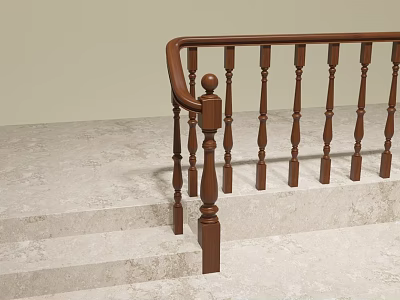 Classic Wooden Staircase Railing With Balusters And Handrail On Marble Steps 3d model