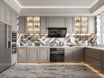 Elegant Modern Kitchen Interior With Gray Cabinets Marble Countertops And Island Backsplash 3d model