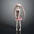 Cute Standing Doll With Long Hair Twin Ponytails Pink Bows Brown Dress Pink Trimmed Skirt