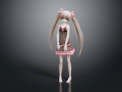 Cute Standing Doll With Long Hair Twin Ponytails Pink Bows Brown Dress Pink Trimmed Skirt 3d model