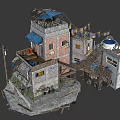 Dilapidated Multi Structure Buildings With Brick Concrete Walls Balconies Awnings And Old Roofs