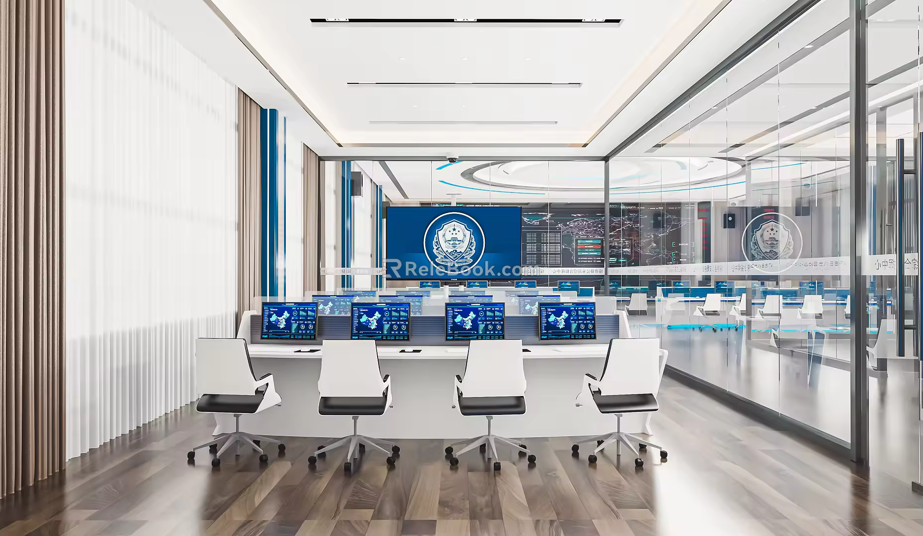 Modern monitoring room Command control room Dispatching command center Monitoring hall Command hall Office desks and chairs 3d model