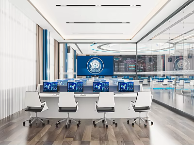 Modern Control Room With Multiple Monitor Screens Control Desk Office Chairs And Large 3d model