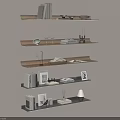 Stylish Modern Wall Mounted Bookshelves With Books Photo Frames Table Lamp And Decorative Items
