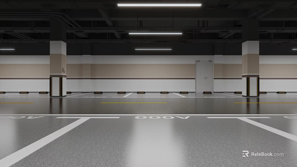 Spacious Modern Parking Garage Interior With Well Lit Ceiling And Clear Floor Markings 3d model 