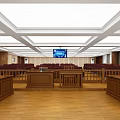 Courtroom Interior Design With Judge's Bench Audience Seats Screens And Wooden Floors