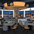 Restaurant Interior With Round Chandelier Bar Counter Tables And City View Through Windows
