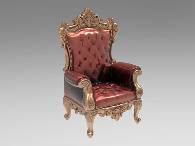 Luxury Vintage European Style Armchair with Red Leather Upholstery and Golden Carved Ornate Backrest Armrests 3d model