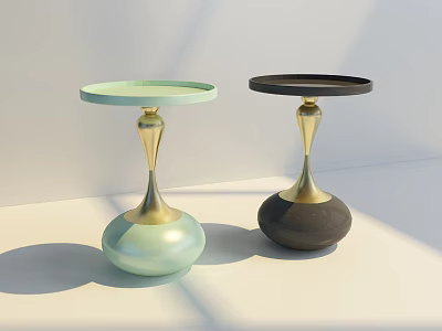 Light Green and Dark Gray Side Tables with Gold Base and Round Top Modern Design 3d model