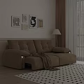 Brown Two-Seater Sofa With Blanket Floor Lamp Decorative Paintings And Black White Checkered Carpet