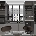 Modern Kitchen Interior With Wine Racks Appliances Countertop Window Blinds And Storage Cabinets