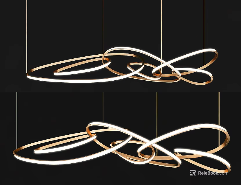 Modern Pendant Light with Intertwined Gold and White Curved Rings for Contemporary Interior 3d model 