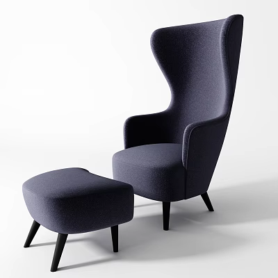 Modern Navy Blue Upholstered Accent Chair with Ottoman and Black Tapered Legs 3d model