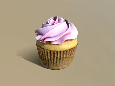 Delicious Cupcake With Purple Swirl Cream In Brown Paper Liner On Light Brown Background 3d model