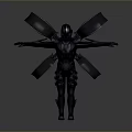 Futuristic Black Armored Character With Red Glowing Wings And Extended Arms