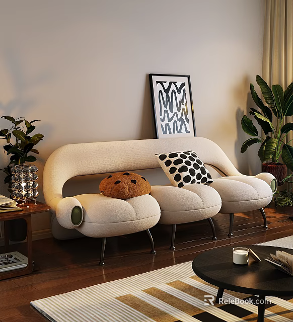 Modern Beige Three Seater Sofa With Curved Design Pumpkin Polka Dot Pillows And Plants 3d model 