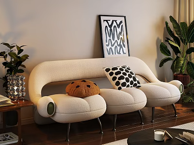 Modern Beige Three Seater Sofa With Curved Design Pumpkin Polka Dot Pillows And Plants 3d model