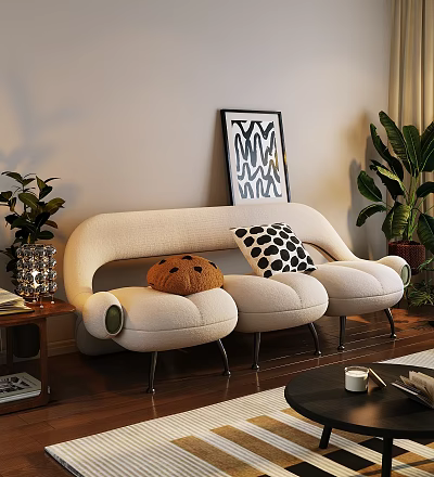 Modern Beige Three Seater Sofa With Curved Design Pumpkin Polka Dot Pillows And Plants 3d model
