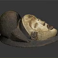 Traditional Wooden Mask With Carved Human Face Features And Intricate Hair Details