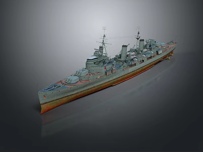 Warship 3D Model With Gray Hull Red Bottom Multiple Turrets Smokestacks And Antennas 3d model