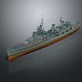 Warship 3D Model With Gray Hull Red Bottom Multiple Turrets Smokestacks And Antennas 3d model