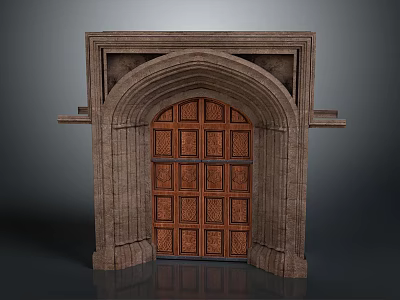 Arched Stone Entry Gate With Carved Wooden Door And Intricate Decorative Frame 3d model
