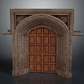 Arched Stone Entry Gate With Carved Wooden Door And Intricate Decorative Frame