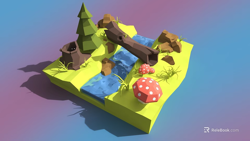 Scenic Garden Landscape With Stream Log Bridge Pine Tree Rocks And Toadstools 3d model 