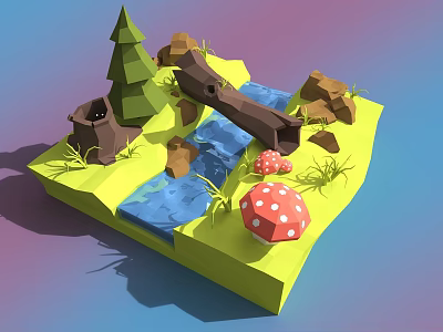 Scenic Garden Landscape With Stream Log Bridge Pine Tree Rocks And Toadstools 3d model