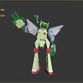 White and Pink Robot With Mechanical Arms Green Screen Display Standing on Reflective Surface