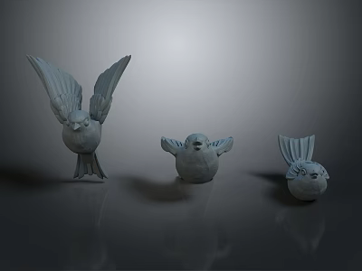 Gray Bird Sculptures In Various Poses On Smooth Black Surface With Gradient Background 3d model