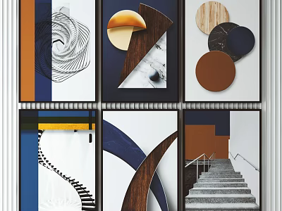 Modern Abstract Art Prints Featuring Geometric Shapes Wood Grain And Staircase Motifs 3d model